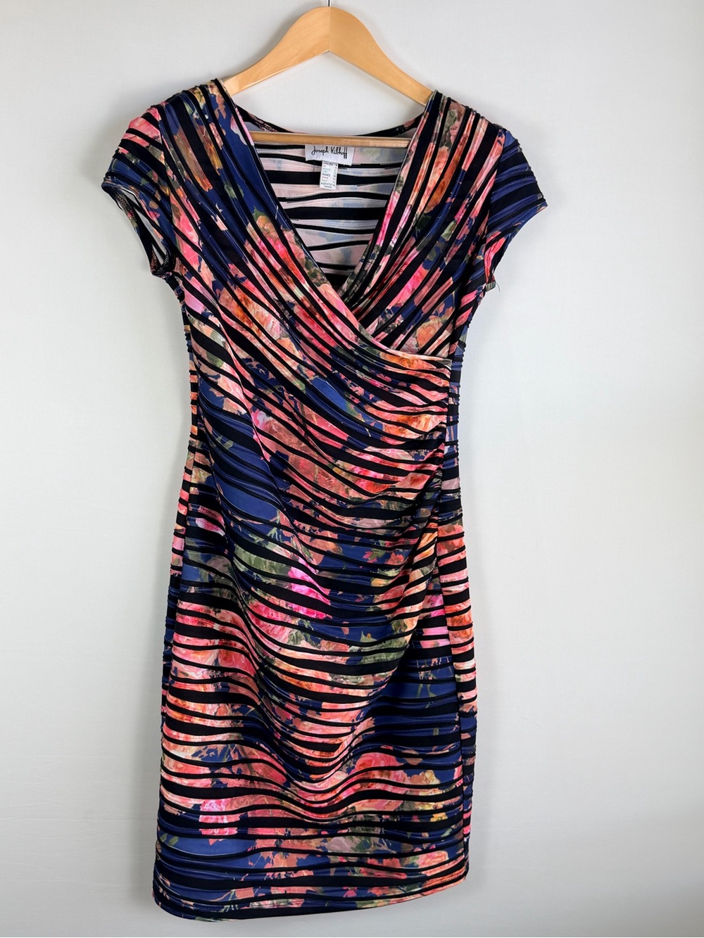 Joseph Ribkoff Size 8 Floral Ruched Mesh Stripe Sheath Dress V Neck